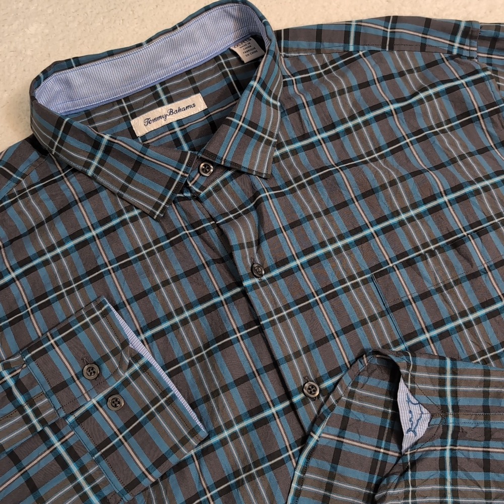 Tommy Bahama Men's 2XL Long Sleeve Blue Plaid‎ Cotton Silk Stretch Shirt Logo